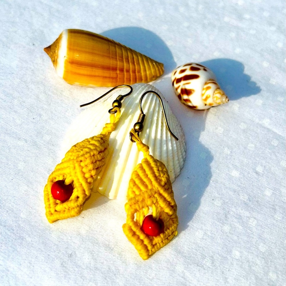 Macrame Wood Bead Earrings Yellow Hand Made